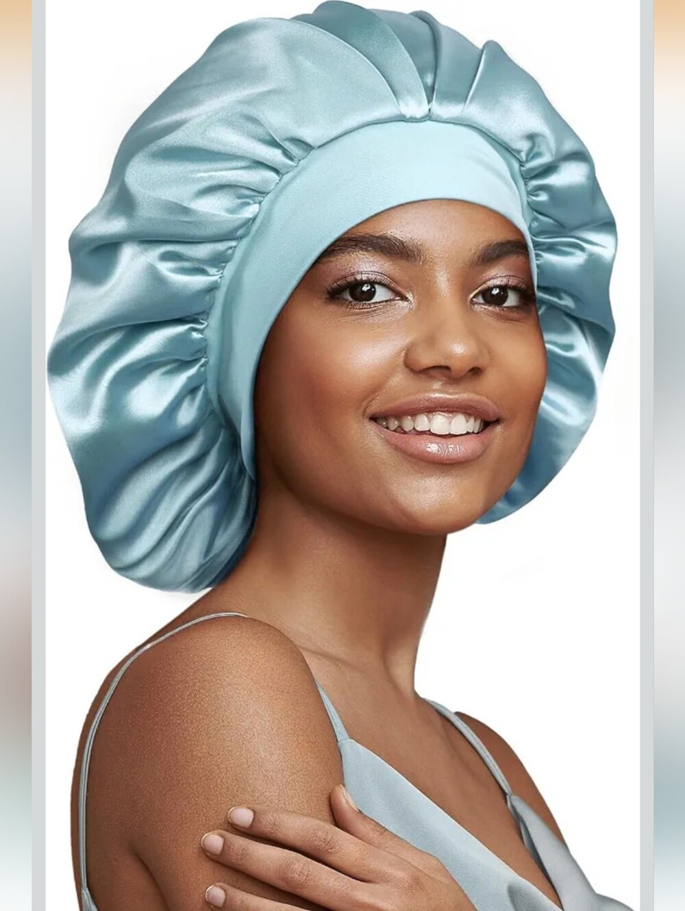22 Momme 100% Mulberry Silk Lined Bonnet for Sleeping - Light Blue